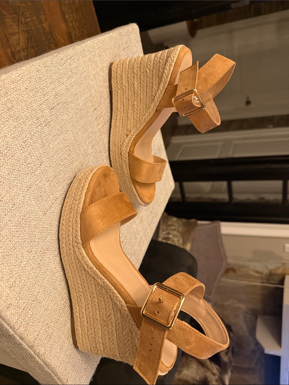 Women's Tan Suede Espadrille Wedge Sandals with Buckle